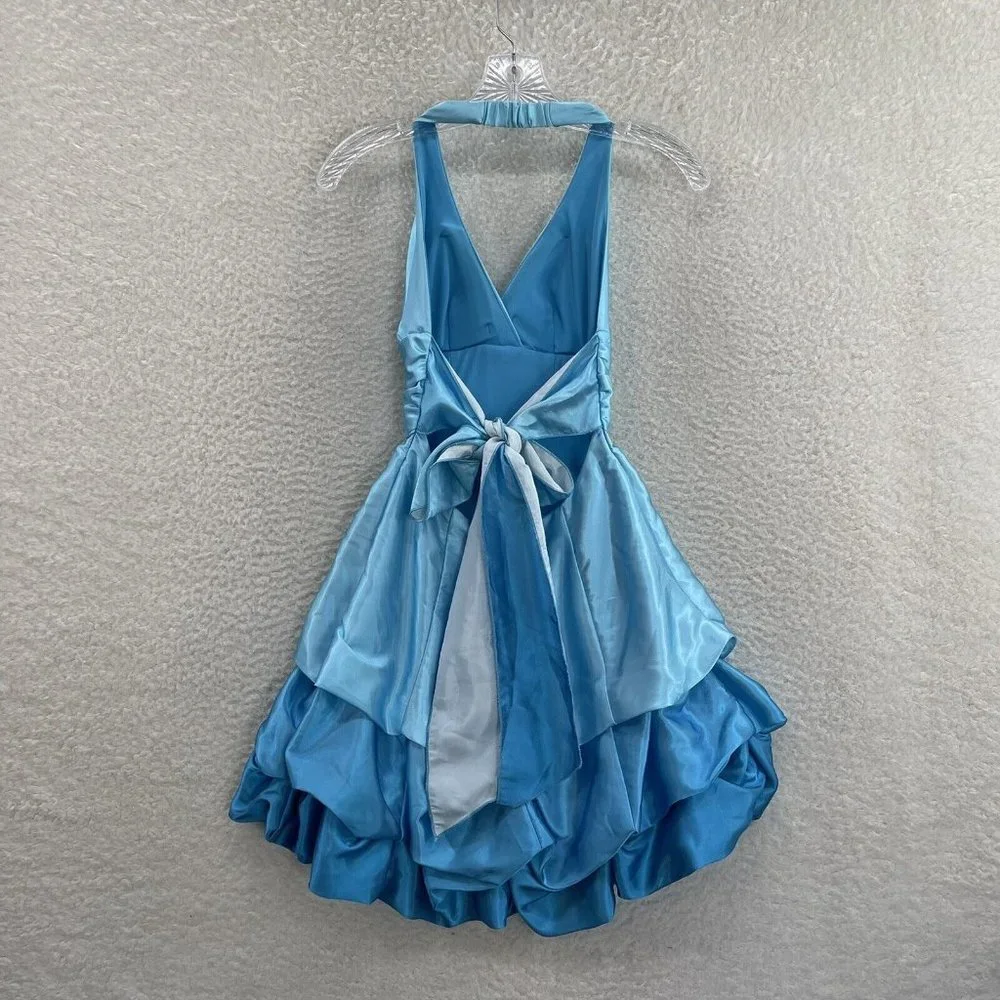 Y2K 2000s Baby Blue Satin Layer Open Back Halter Cinderella Fairy Mini Dress 4 S - Picture 2 of 8